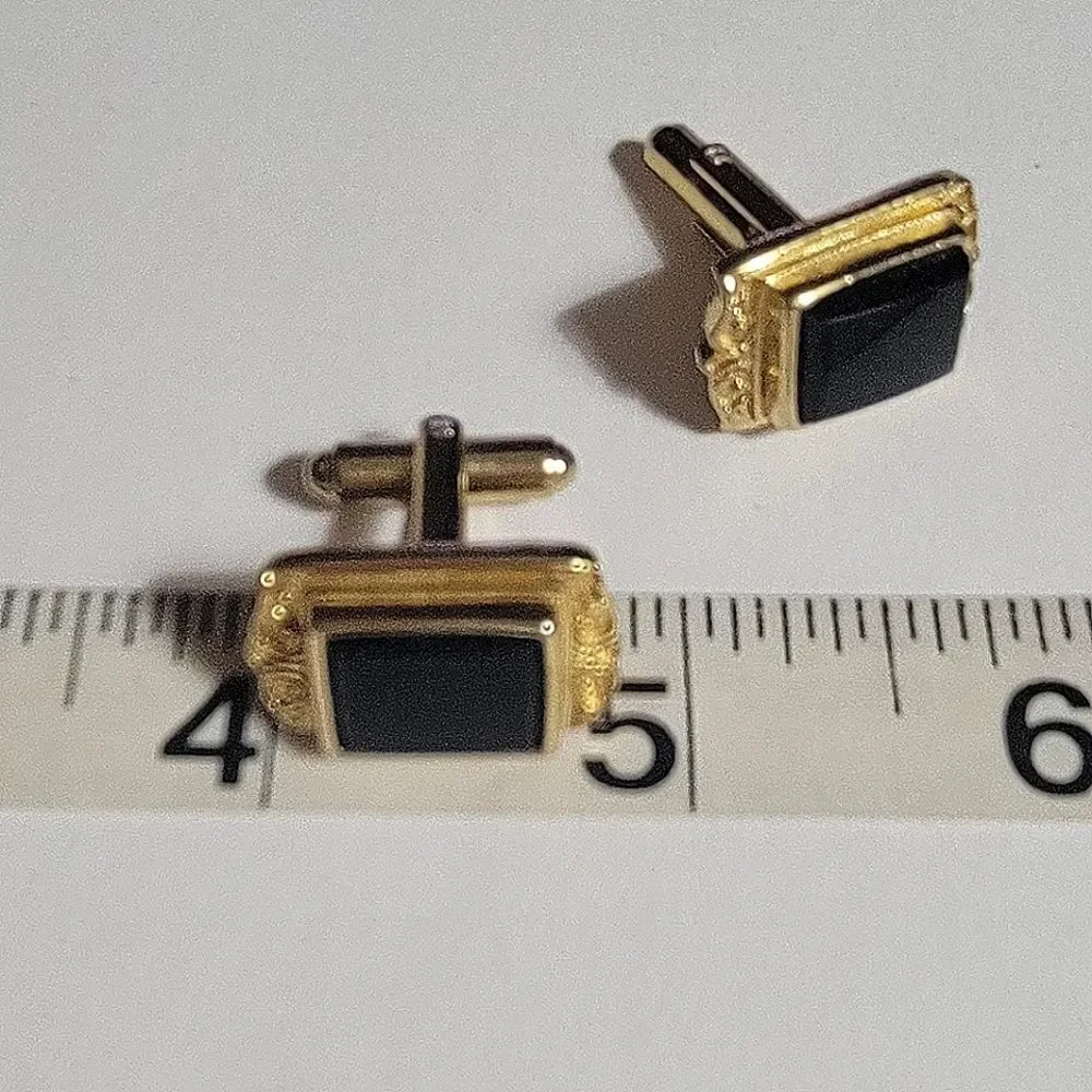 Goldtone Rectangular Cufflinks Black Stone